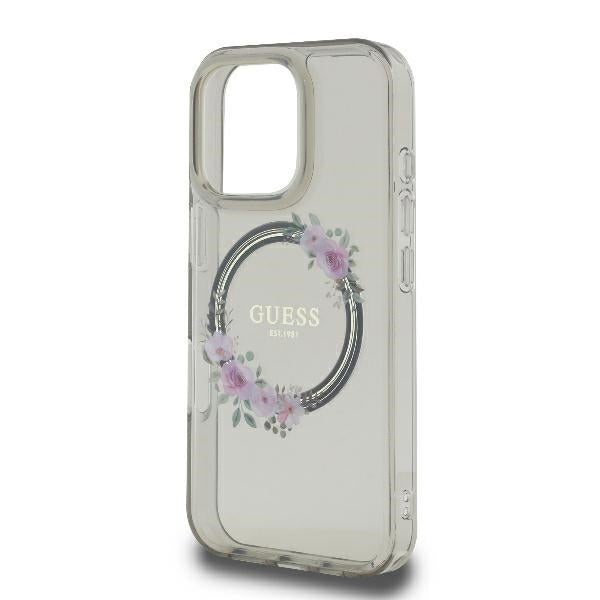 Custodia MagSafe per Apple iPhone 16 Pro, Guess, IML Flowers Wreath, Nera