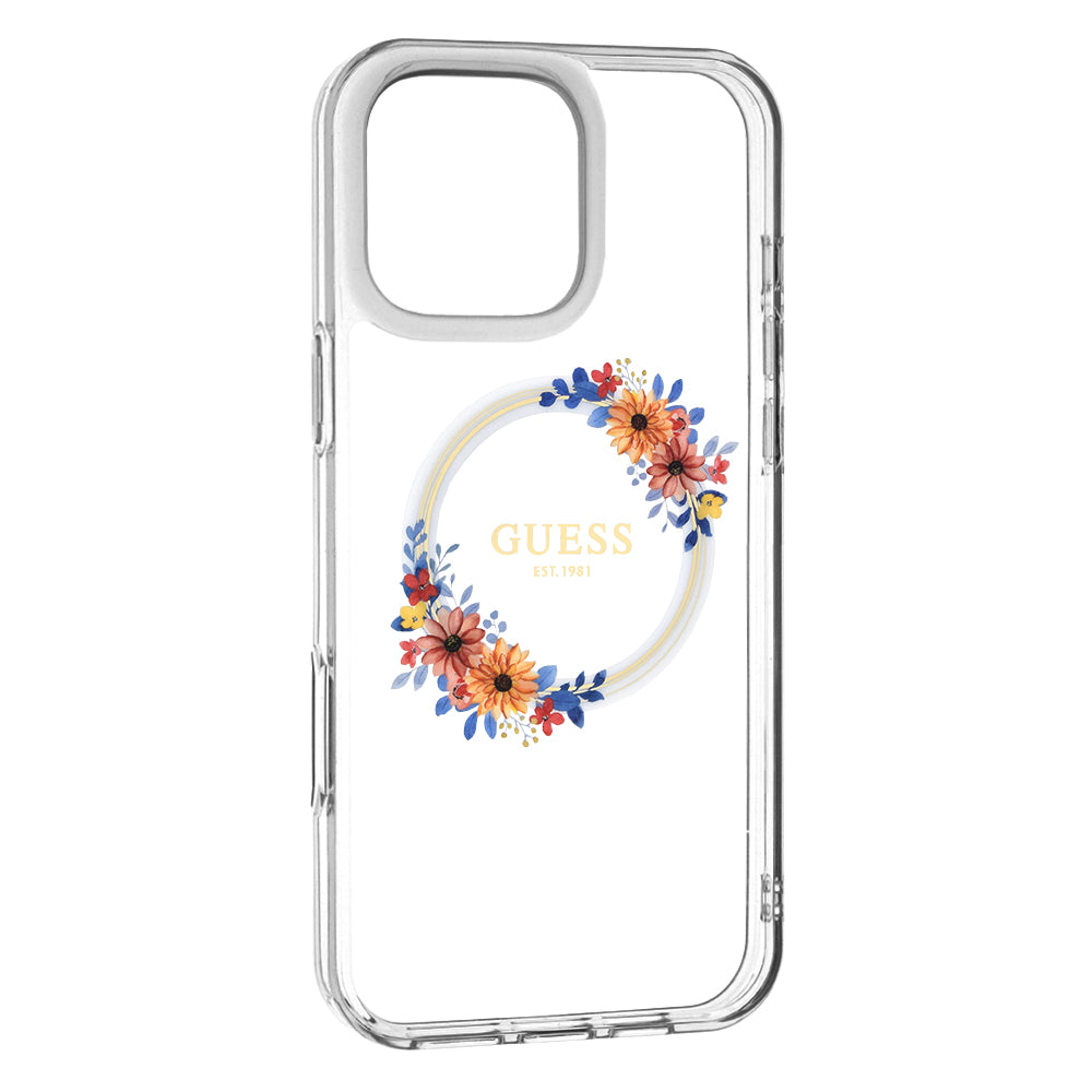 Custodia MagSafe per Apple iPhone 16 Pro, Guess, IML Flowers Wreath, Trasparente