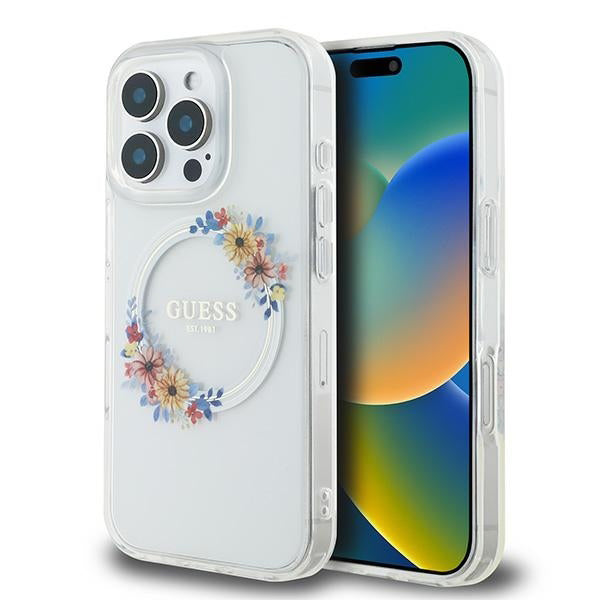Custodia MagSafe per Apple iPhone 16 Pro, Guess, IML Flowers Wreath, Trasparente
