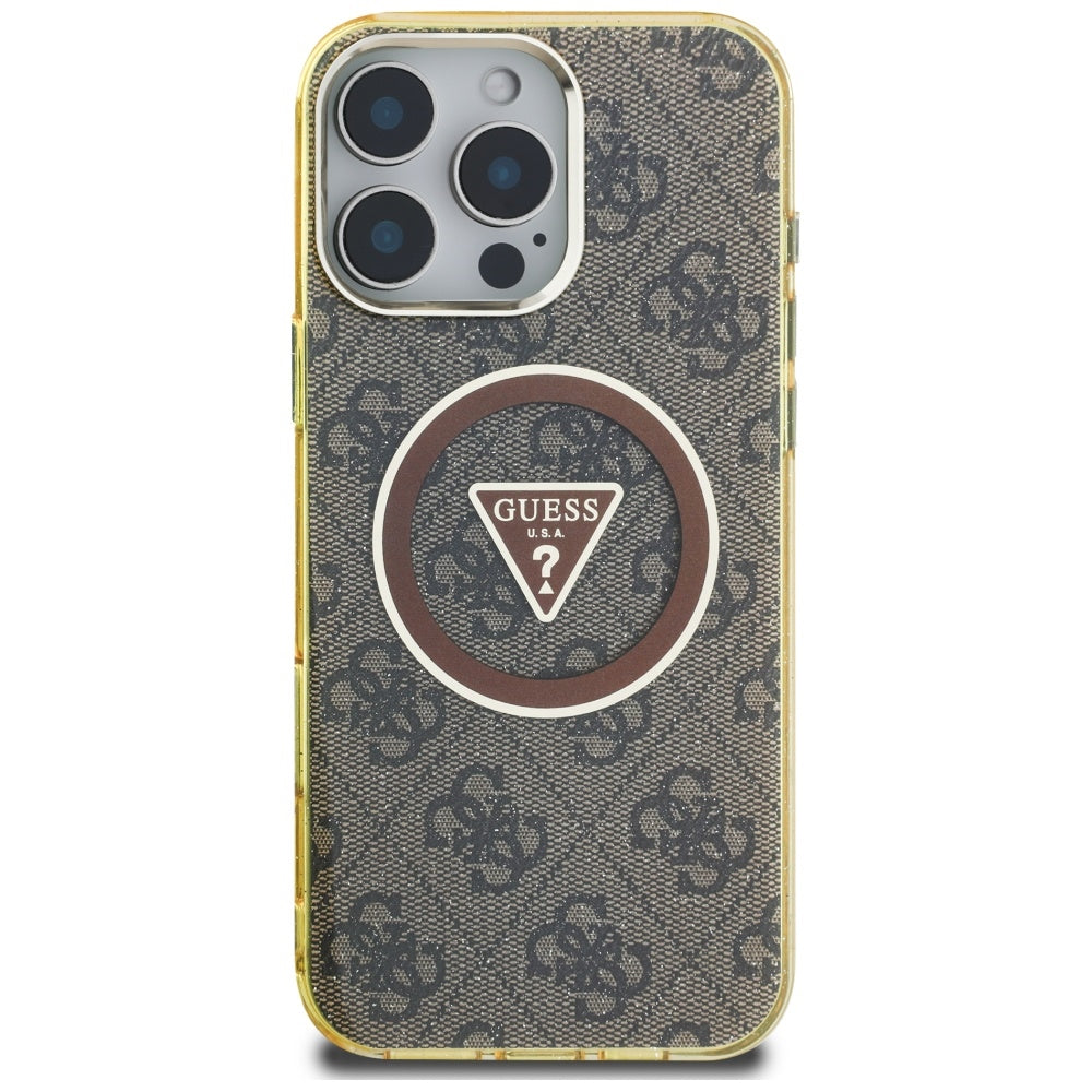 Custodia MagSafe per Apple iPhone 16 Pro, Guess, IML Glitter 4G Circle Triangle, Marrone