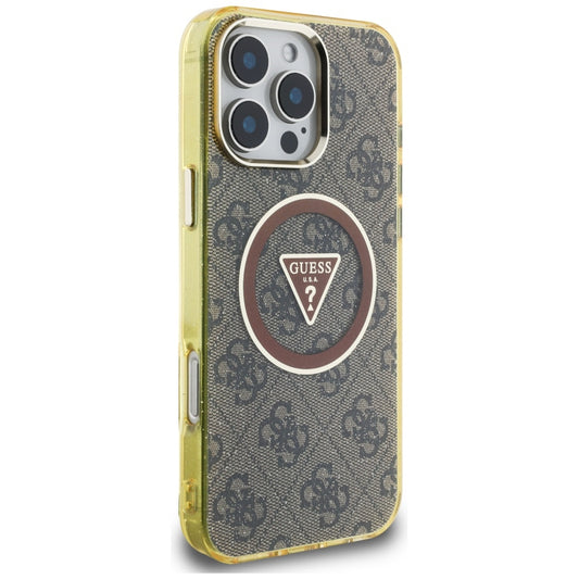 Custodia MagSafe per Apple iPhone 16 Pro, Guess, IML Glitter 4G Circle Triangle, Marrone