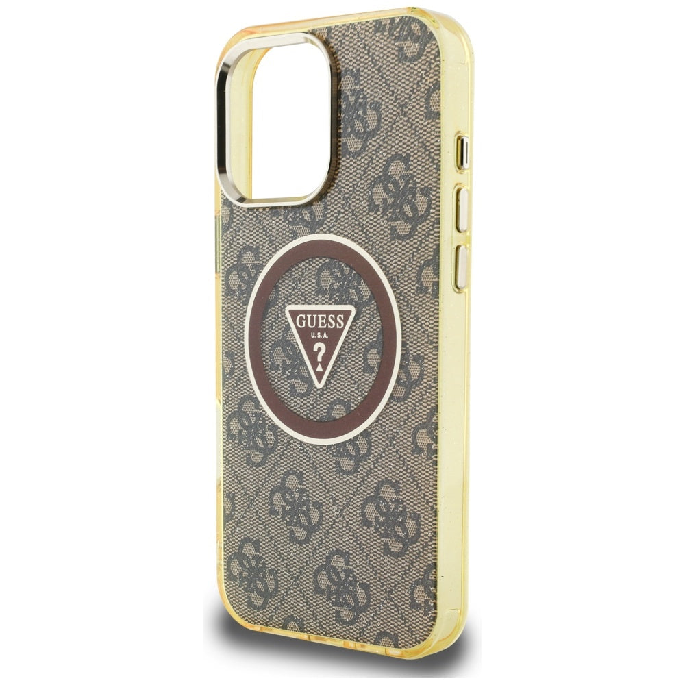 Custodia MagSafe per Apple iPhone 16 Pro, Guess, IML Glitter 4G Circle Triangle, Marrone