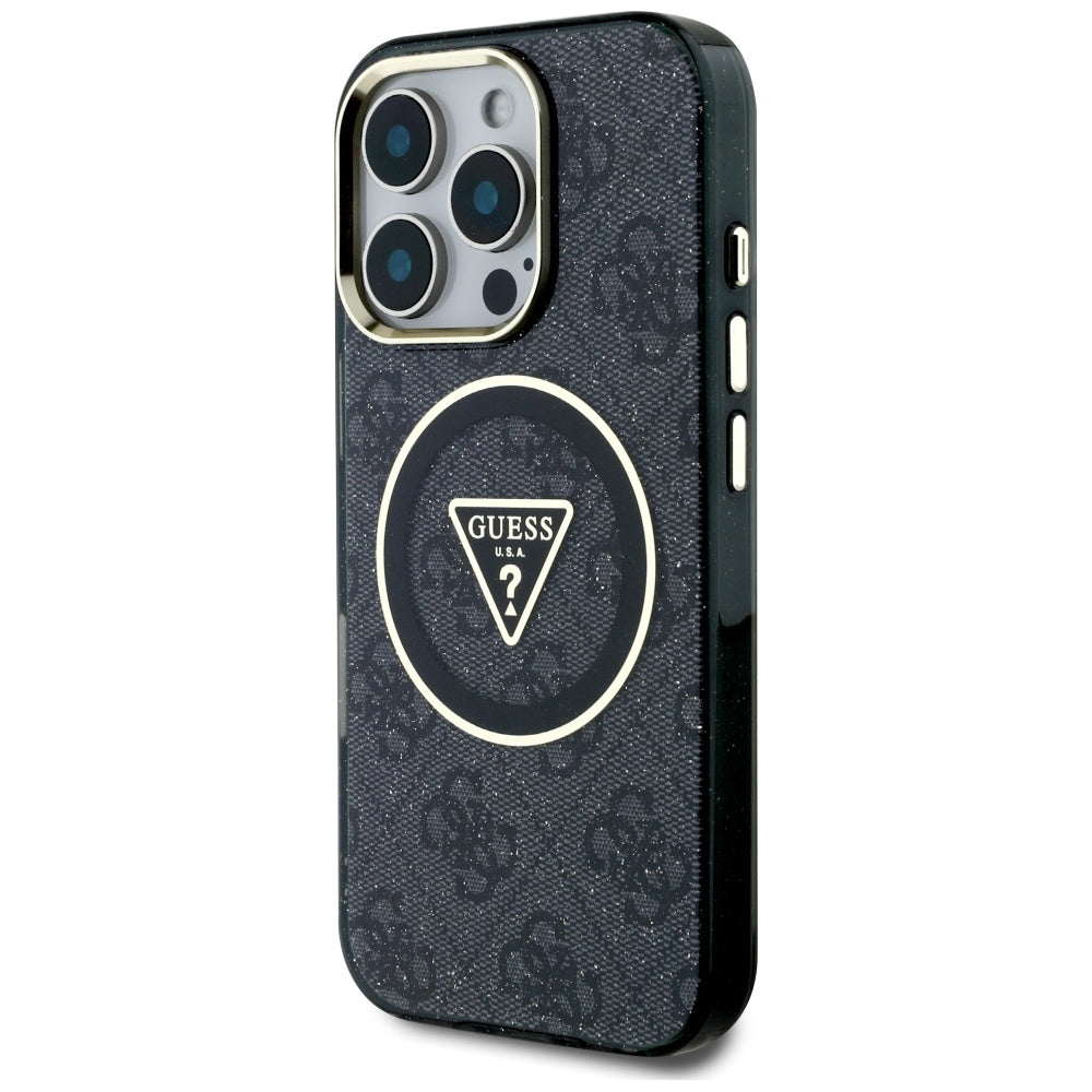 Custodia MagSafe per Apple iPhone 16 Pro, Guess, IML Glitter 4G Circle Triangle, Nera