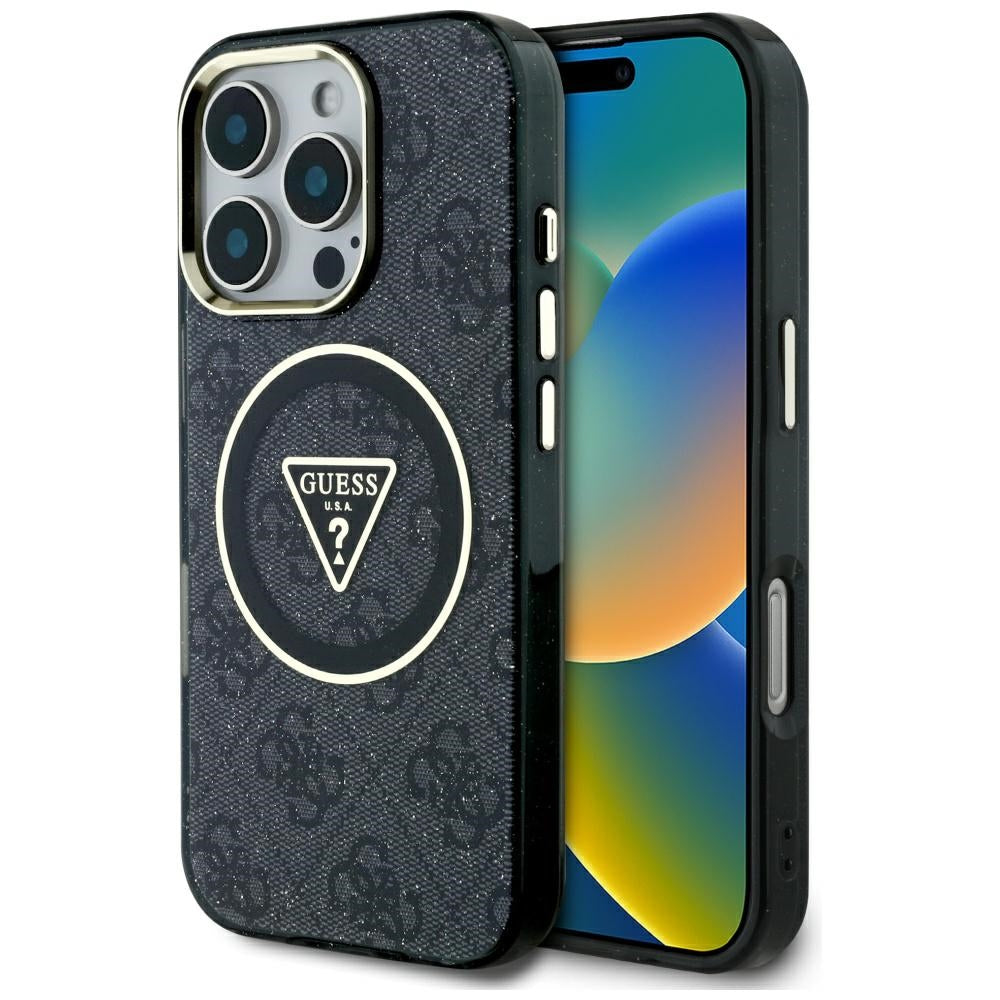 Custodia MagSafe per Apple iPhone 16 Pro, Guess, IML Glitter 4G Circle Triangle, Nera