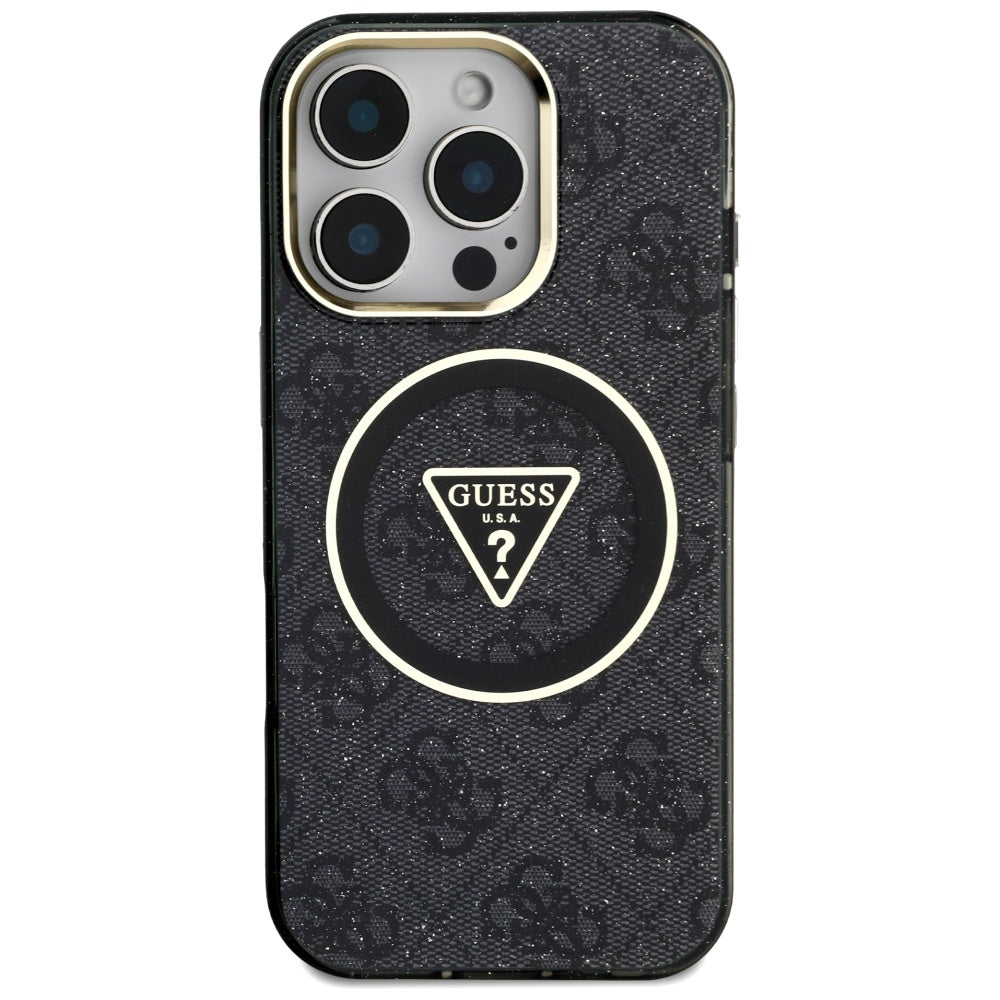 Custodia MagSafe per Apple iPhone 16 Pro, Guess, IML Glitter 4G Circle Triangle, Nera