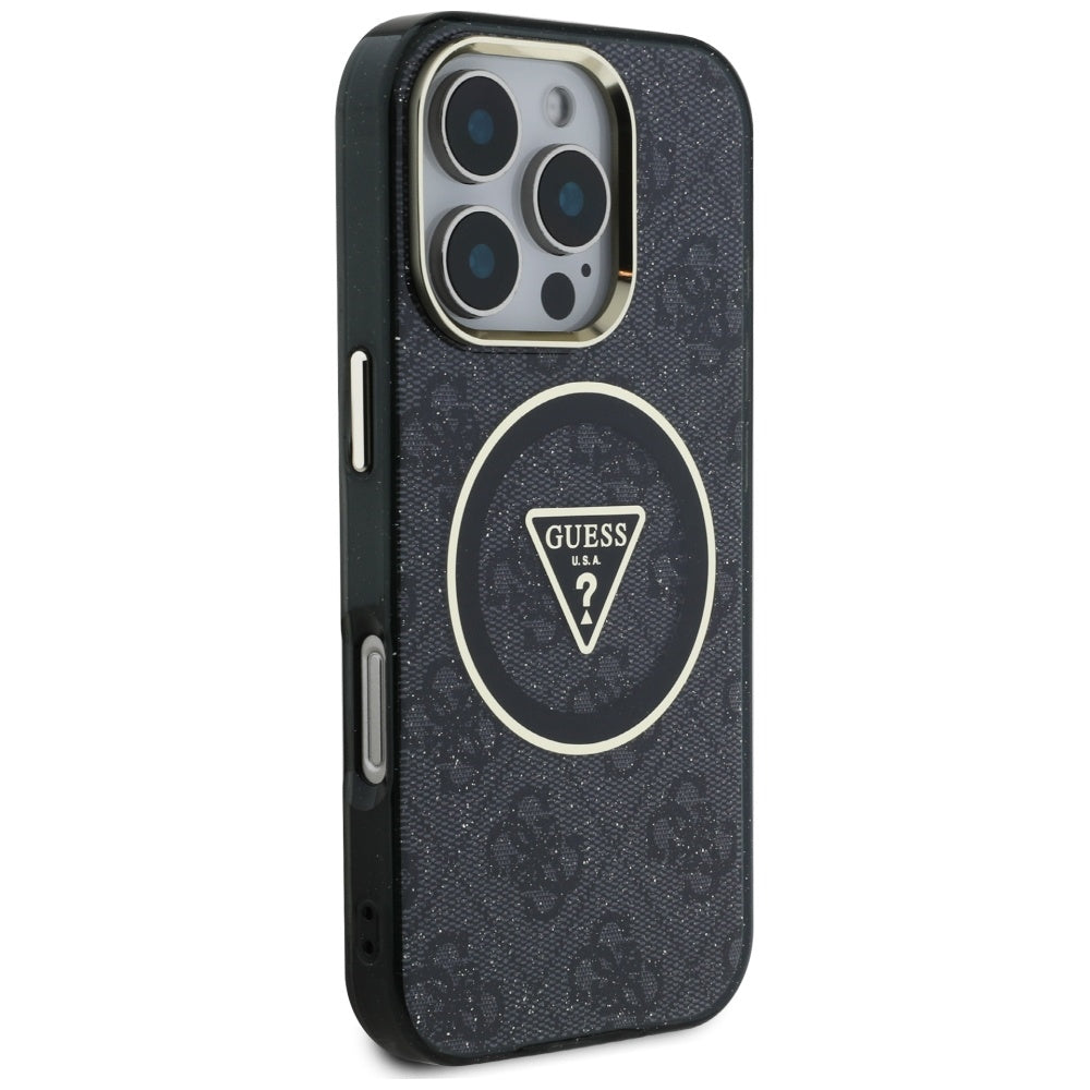 Custodia MagSafe per Apple iPhone 16 Pro, Guess, IML Glitter 4G Circle Triangle, Nera