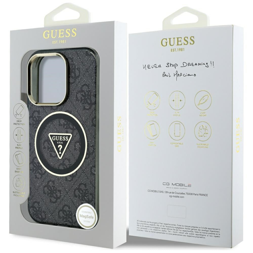 Custodia MagSafe per Apple iPhone 16 Pro, Guess, IML Glitter 4G Circle Triangle, Nera