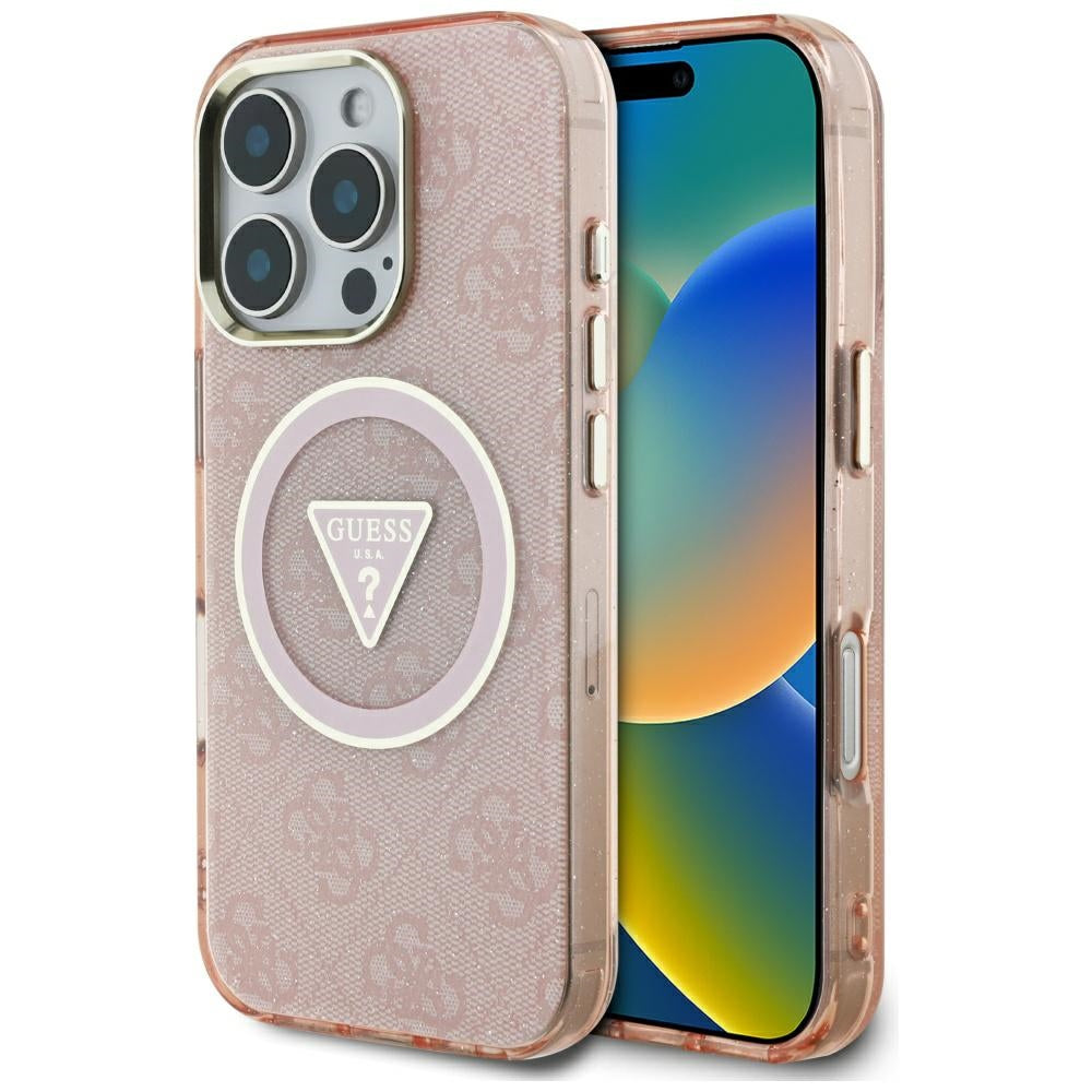 Custodia MagSafe per Apple iPhone 16 Pro, Guess, IML Glitter 4G Circle Triangle, Rosa
