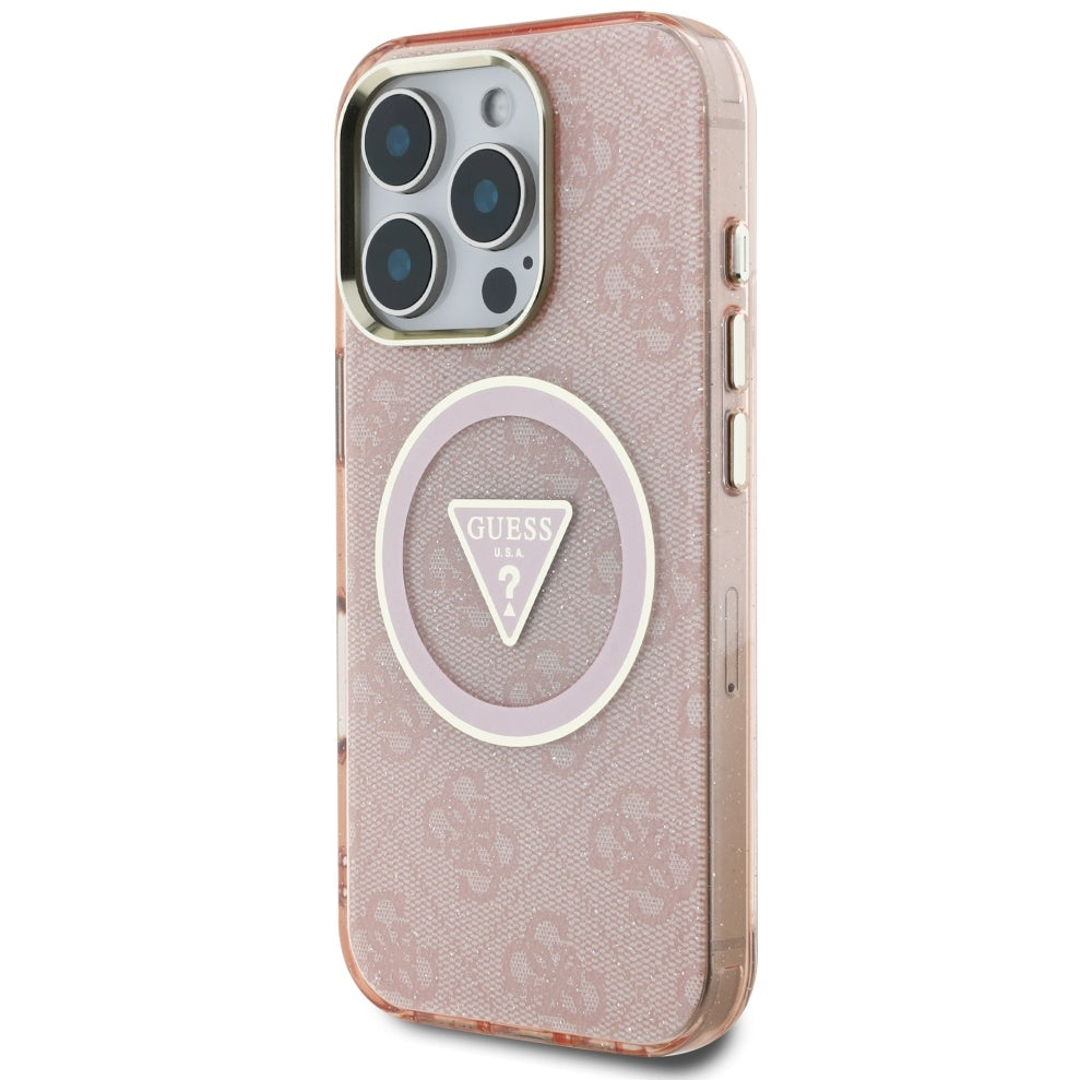 Custodia MagSafe per Apple iPhone 16 Pro, Guess, IML Glitter 4G Circle Triangle, Rosa