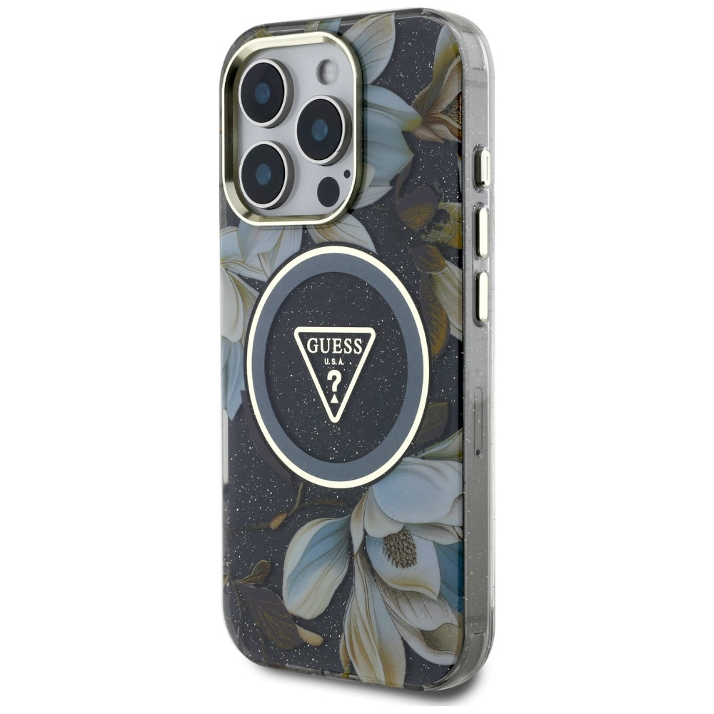 Custodia MagSafe per Apple iPhone 16 Pro, Guess, IML Metal Glitter Flowers Triangle, Nera