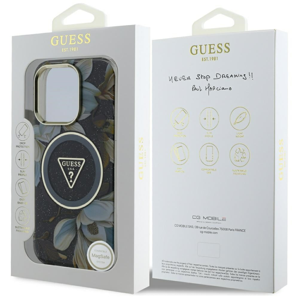 Custodia MagSafe per Apple iPhone 16 Pro, Guess, IML Metal Glitter Flowers Triangle, Nera