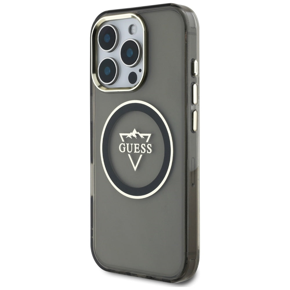 Custodia MagSafe per Apple iPhone 16 Pro, Guess, IML Metal Mountain Logo, Nera