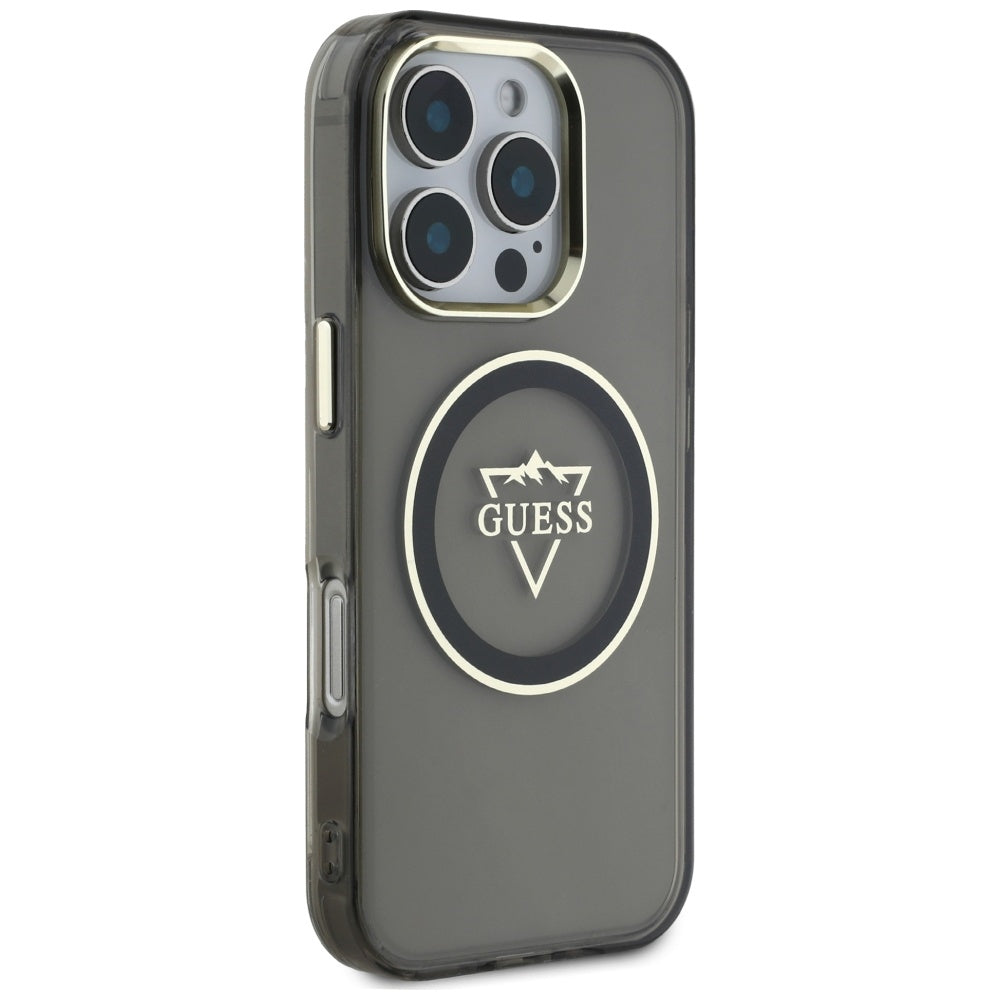 Custodia MagSafe per Apple iPhone 16 Pro, Guess, IML Metal Mountain Logo, Nera