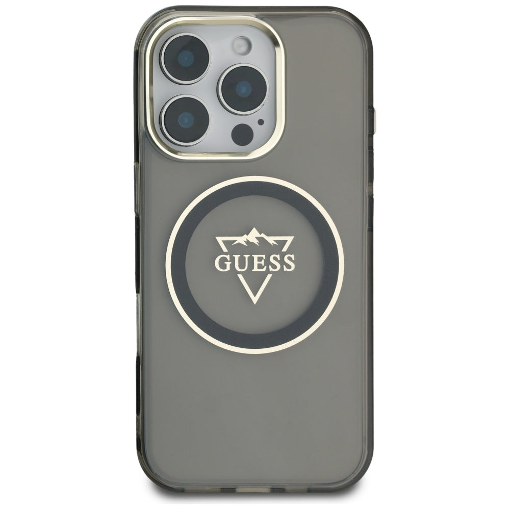 Custodia MagSafe per Apple iPhone 16 Pro, Guess, IML Metal Mountain Logo, Nera