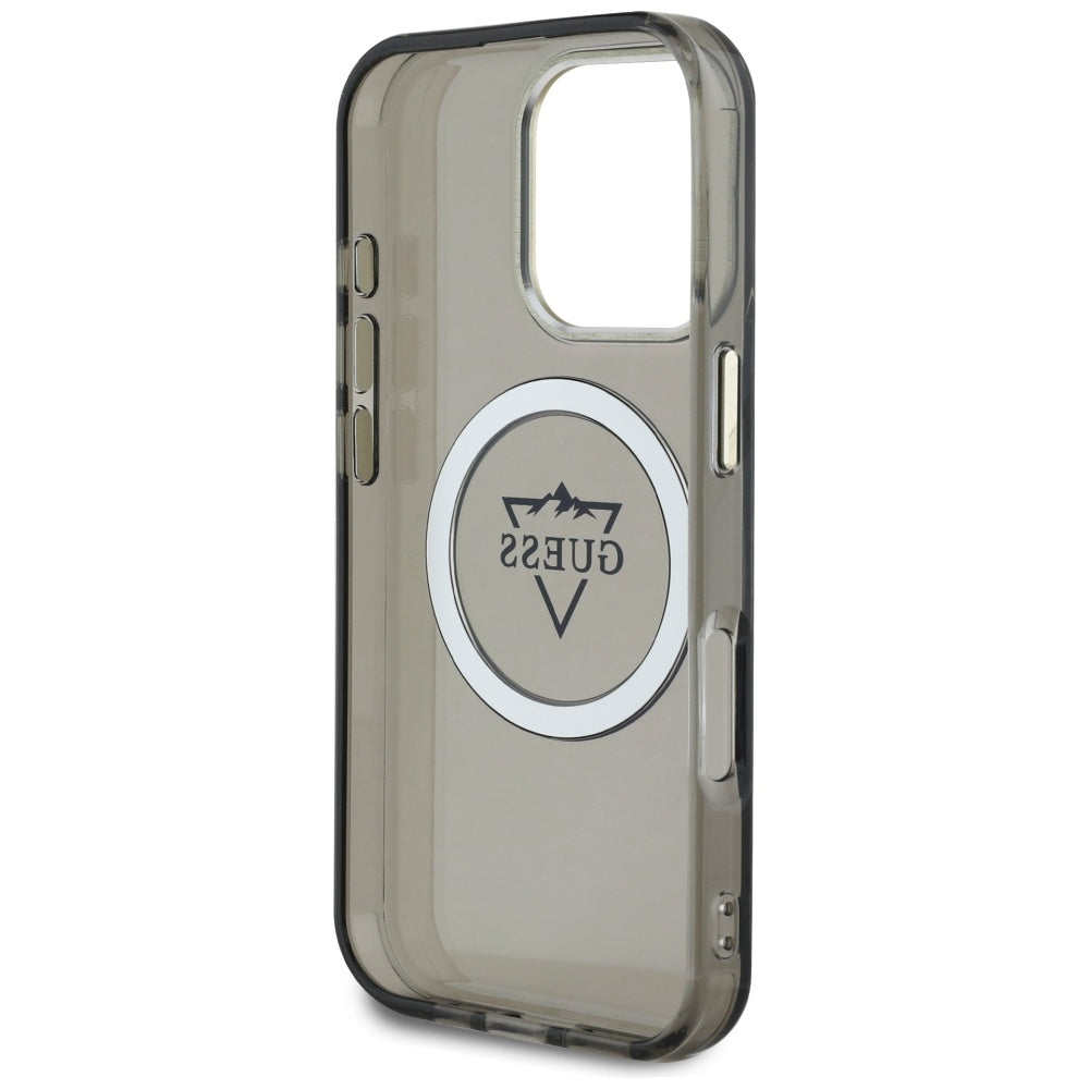 Custodia MagSafe per Apple iPhone 16 Pro, Guess, IML Metal Mountain Logo, Nera