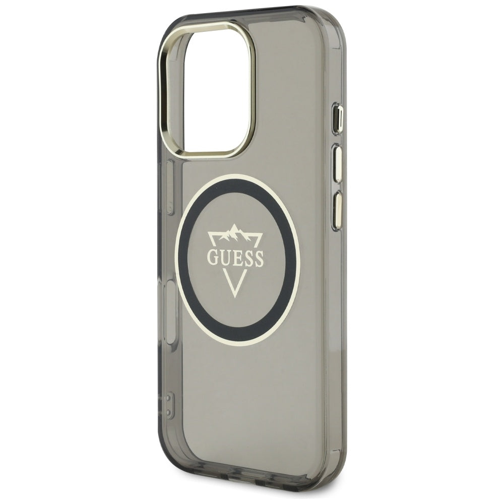 Custodia MagSafe per Apple iPhone 16 Pro, Guess, IML Metal Mountain Logo, Nera