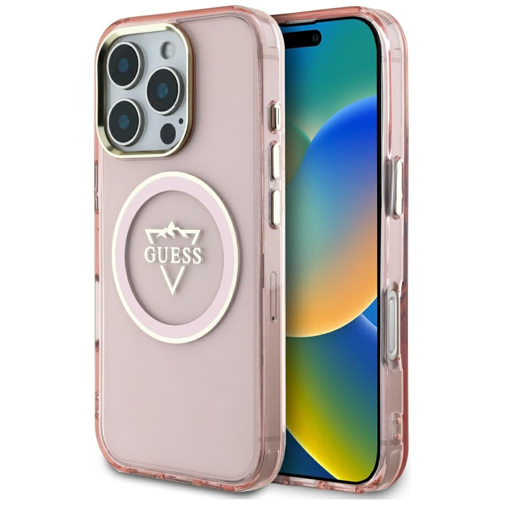 Custodia MagSafe per Apple iPhone 16 Pro, Guess, IML Metal Mountain Logo, Rosa