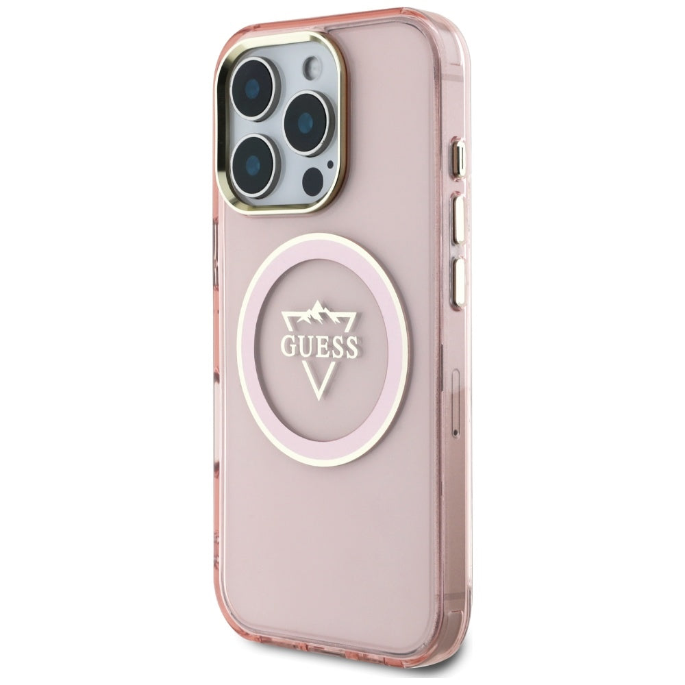 Custodia MagSafe per Apple iPhone 16 Pro, Guess, IML Metal Mountain Logo, Rosa