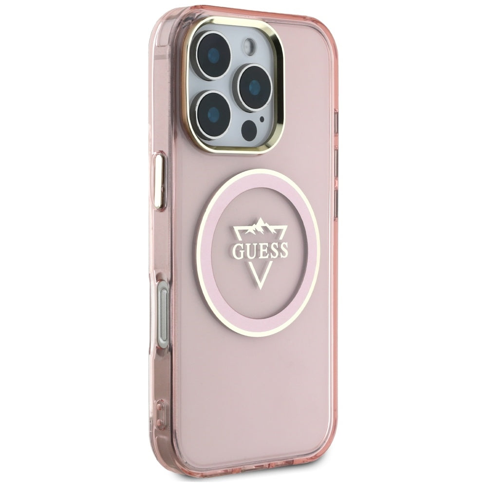 Custodia MagSafe per Apple iPhone 16 Pro, Guess, IML Metal Mountain Logo, Rosa
