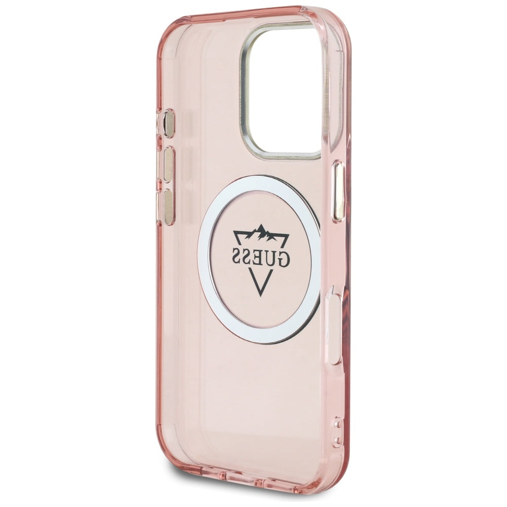 Custodia MagSafe per Apple iPhone 16 Pro, Guess, IML Metal Mountain Logo, Rosa