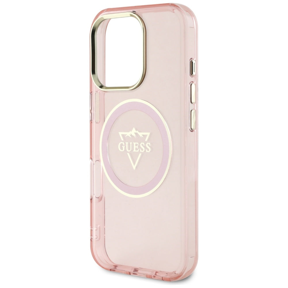 Custodia MagSafe per Apple iPhone 16 Pro, Guess, IML Metal Mountain Logo, Rosa