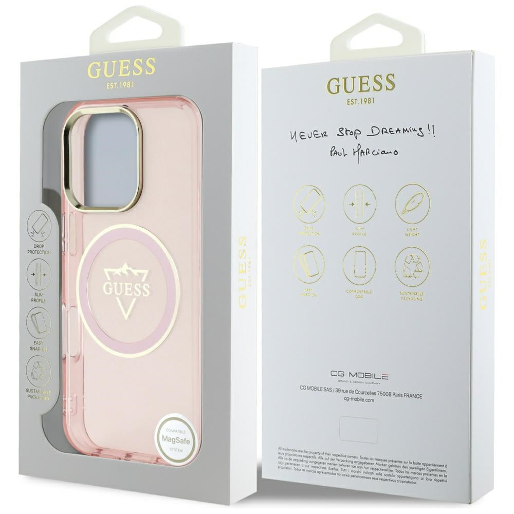 Custodia MagSafe per Apple iPhone 16 Pro, Guess, IML Metal Mountain Logo, Rosa