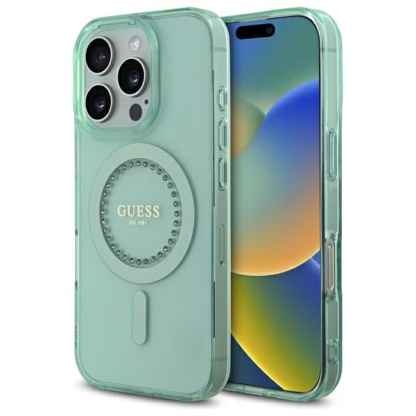 Custodia MagSafe per Apple iPhone 16 Pro, Guess, IML Rhinestone, Verde