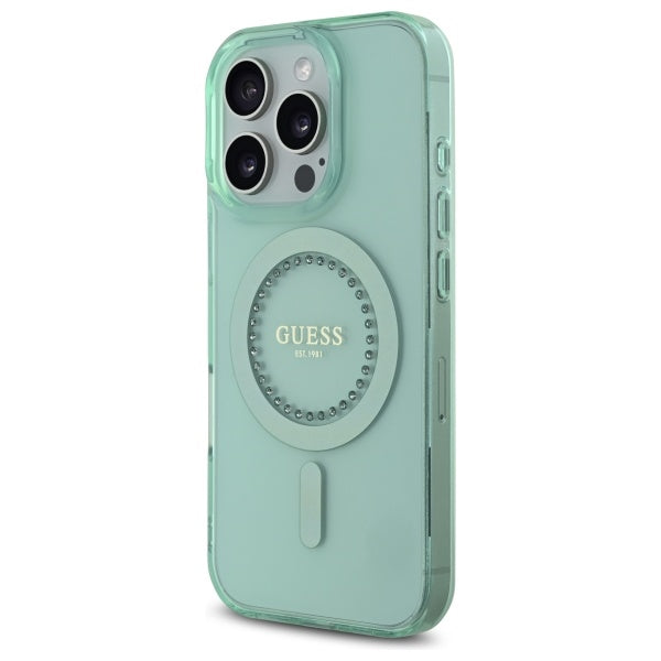 Custodia MagSafe per Apple iPhone 16 Pro, Guess, IML Rhinestone, Verde