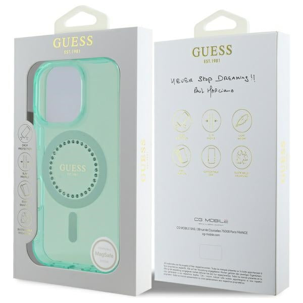 Custodia MagSafe per Apple iPhone 16 Pro, Guess, IML Rhinestone, Verde