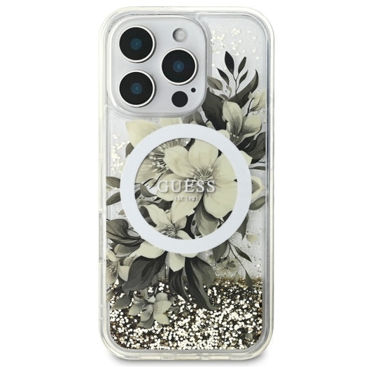 Custodia MagSafe per Apple iPhone 16 Pro, Guess, Liquid Glitter Flower, Beige
