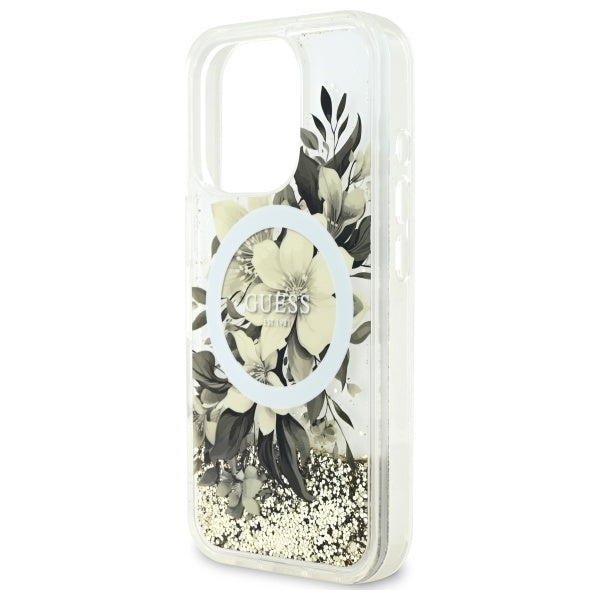 Custodia MagSafe per Apple iPhone 16 Pro, Guess, Liquid Glitter Flower, Beige