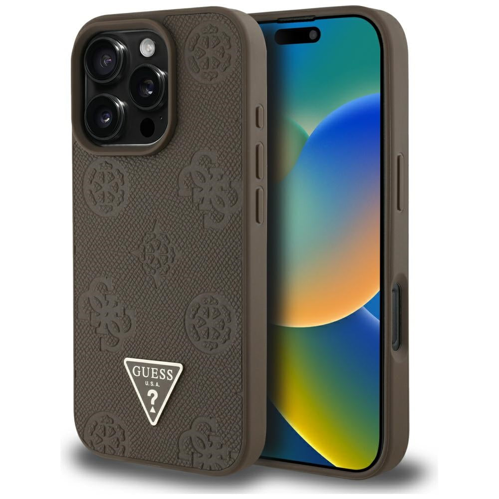 Custodia MagSafe per Apple iPhone 16 Pro, Guess, Peony Grained Hot Stamp Triangle, Marrone