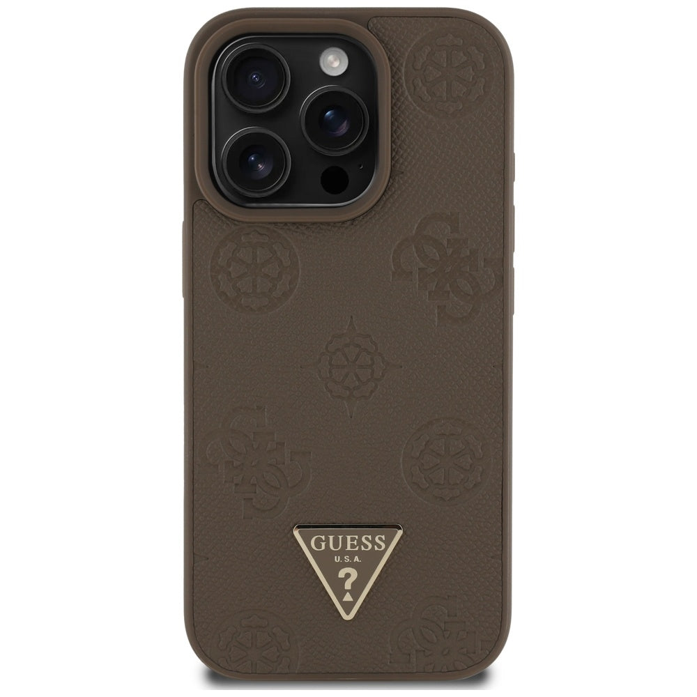 Custodia MagSafe per Apple iPhone 16 Pro, Guess, Peony Grained Hot Stamp Triangle, Marrone