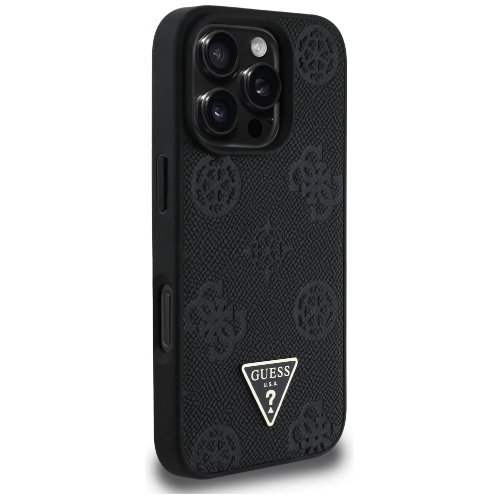 Custodia MagSafe per Apple iPhone 16 Pro, Guess, Peony Grained Hot Stamp Triangle, Nera