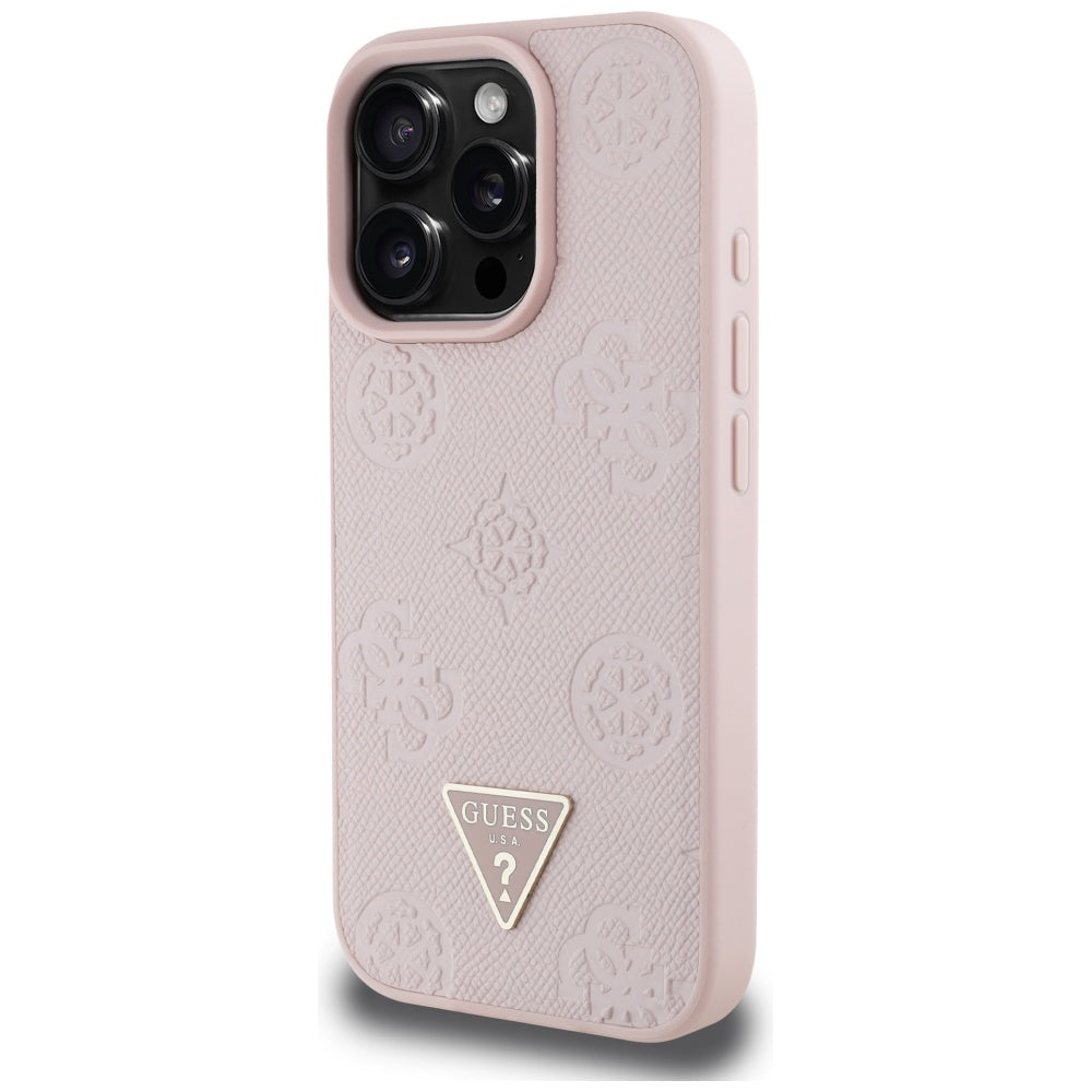 Custodia MagSafe per Apple iPhone 16 Pro, Guess, Peony Grained Hot Stamp Triangle, Rosa
