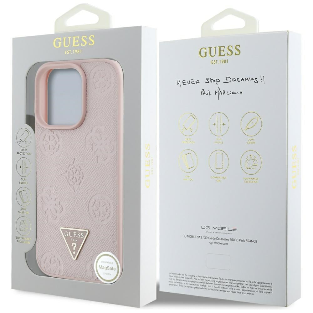 Custodia MagSafe per Apple iPhone 16 Pro, Guess, Peony Grained Hot Stamp Triangle, Rosa