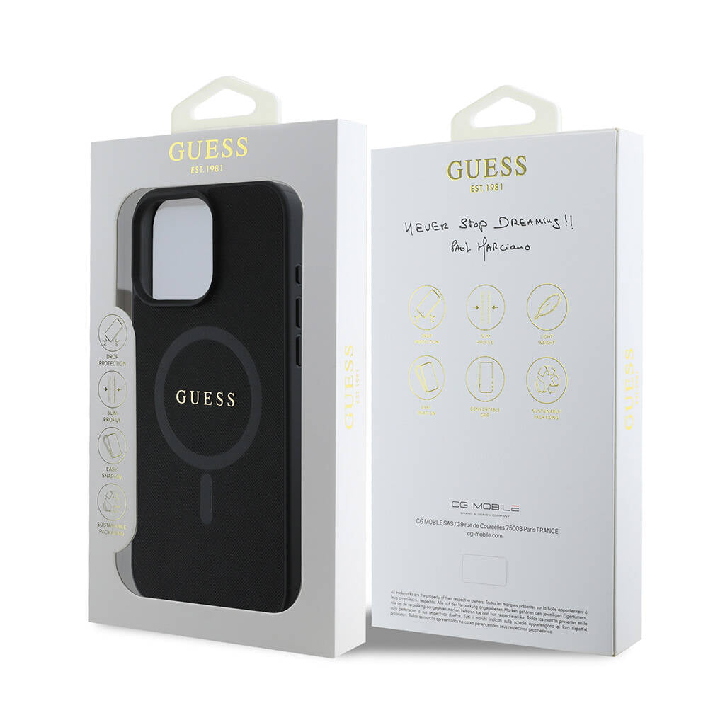 Custodia MagSafe per Apple iPhone 16 Pro, Guess, Saffiano Classic Logo, Nera