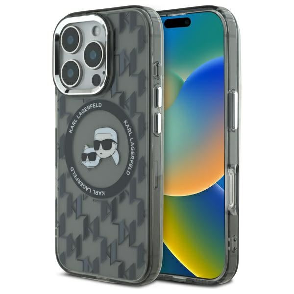 Custodia MagSafe per Apple iPhone 16 Pro, Karl Lagerfeld, IML Monogramma Karl & Choupette's Heads, Nera