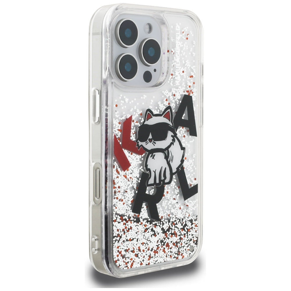 Custodia MagSafe per Apple iPhone 16 Pro, Karl Lagerfeld, Liquid Glitter Choupette Logo, Trasparente