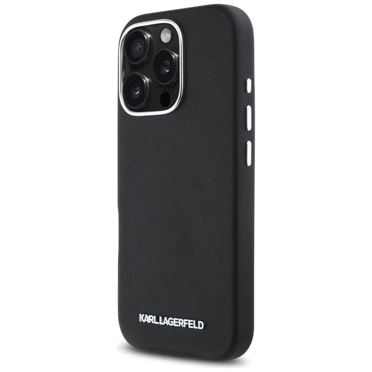 Custodia MagSafe per Apple iPhone 16 Pro, Karl Lagerfeld, Saffiano Full Wrapped Elongated Metal Logo, Nera