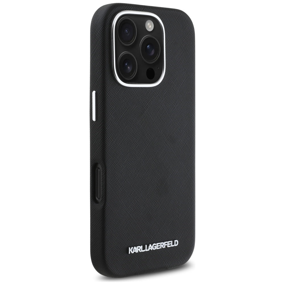 Custodia MagSafe per Apple iPhone 16 Pro, Karl Lagerfeld, Saffiano Full Wrapped Elongated Metal Logo, Nera