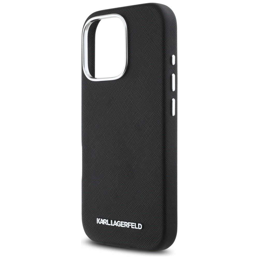 Custodia MagSafe per Apple iPhone 16 Pro, Karl Lagerfeld, Saffiano Full Wrapped Elongated Metal Logo, Nera