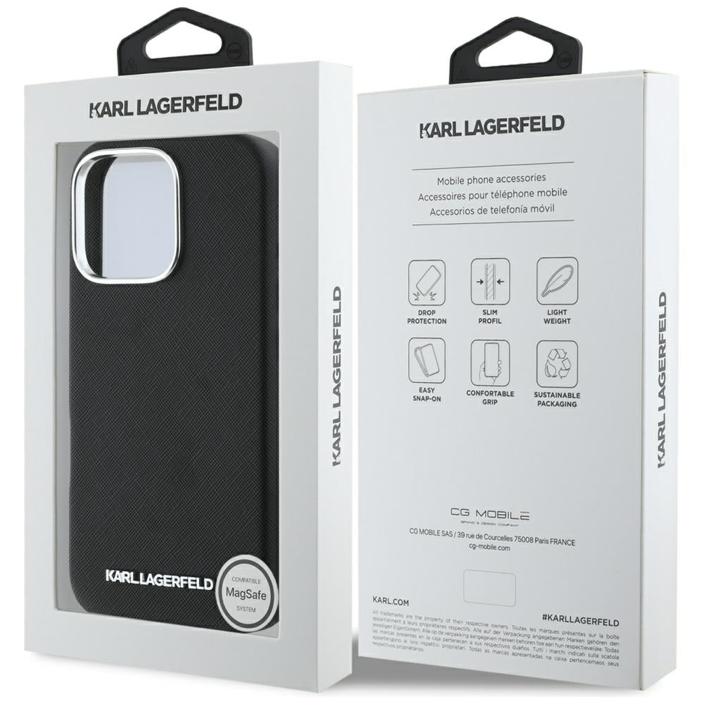 Custodia MagSafe per Apple iPhone 16 Pro, Karl Lagerfeld, Saffiano Full Wrapped Elongated Metal Logo, Nera