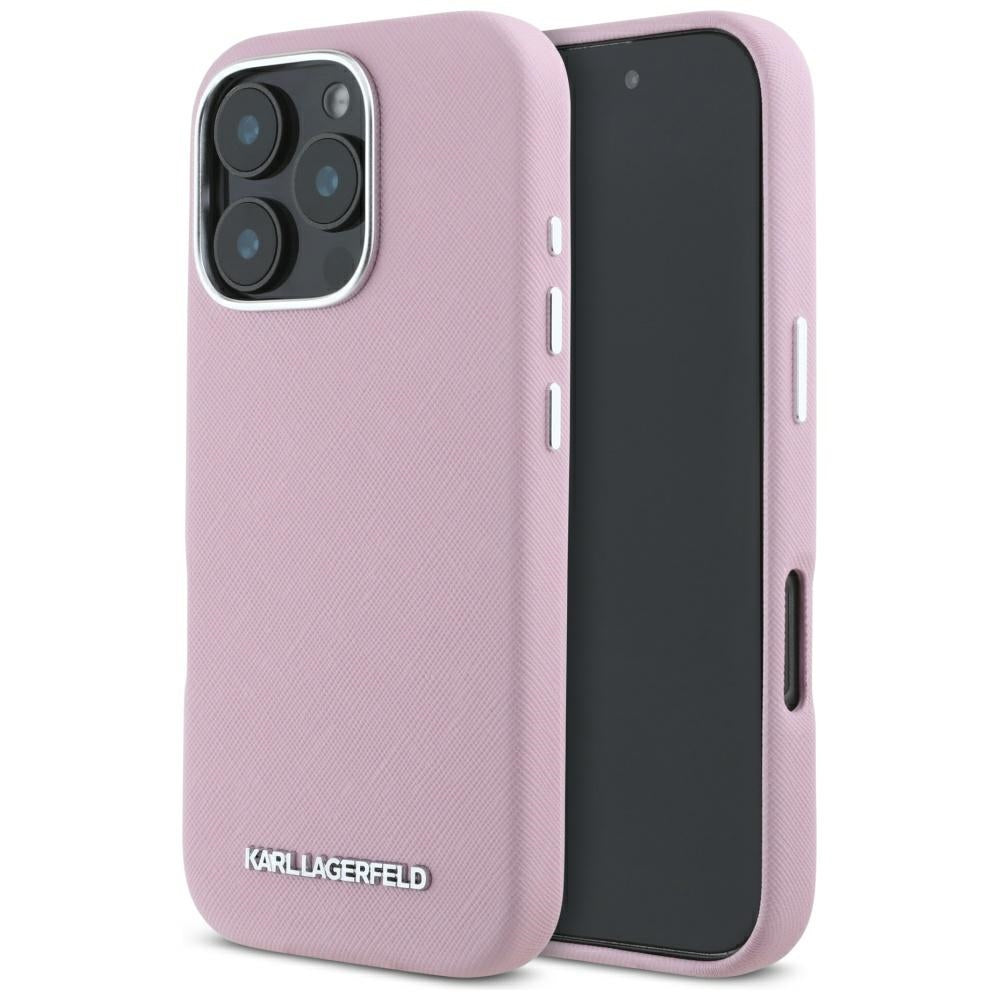 Custodia MagSafe per Apple iPhone 16 Pro, Karl Lagerfeld, Saffiano Full Wrapped Elongated Metal Logo, Rosa