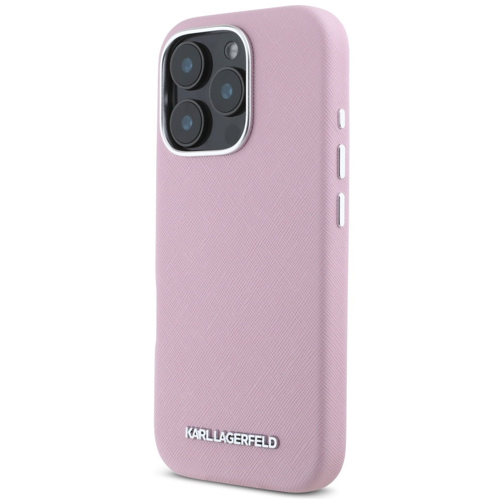Custodia MagSafe per Apple iPhone 16 Pro, Karl Lagerfeld, Saffiano Full Wrapped Elongated Metal Logo, Rosa