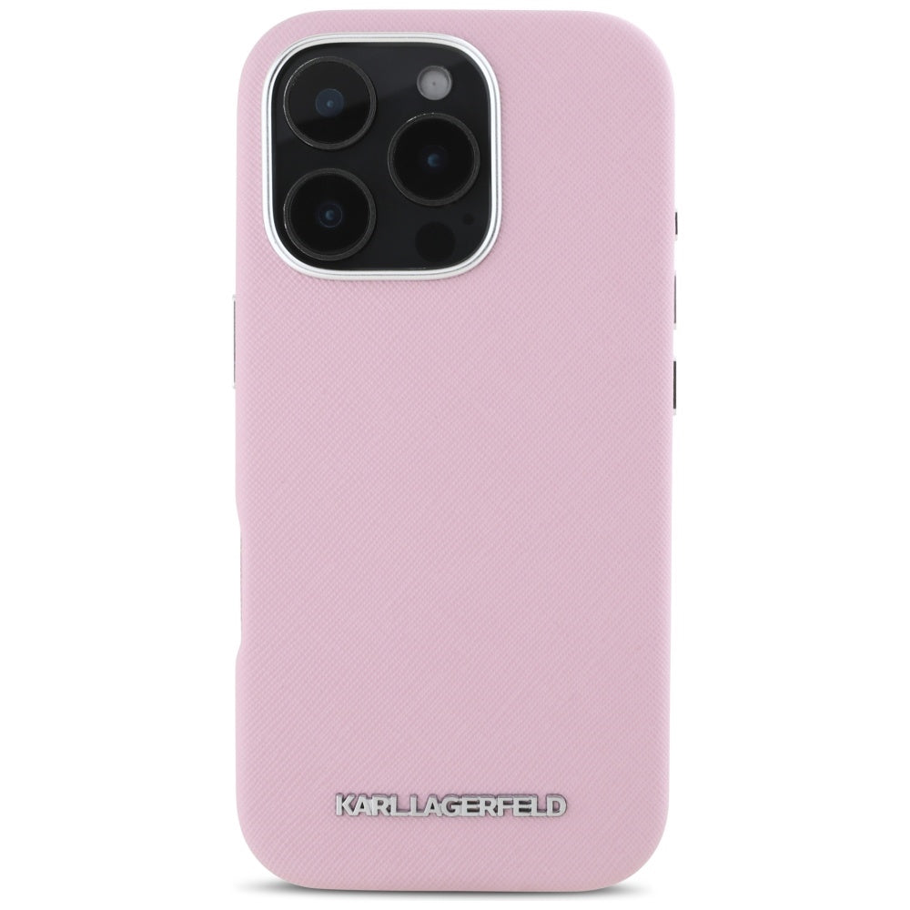 Custodia MagSafe per Apple iPhone 16 Pro, Karl Lagerfeld, Saffiano Full Wrapped Elongated Metal Logo, Rosa