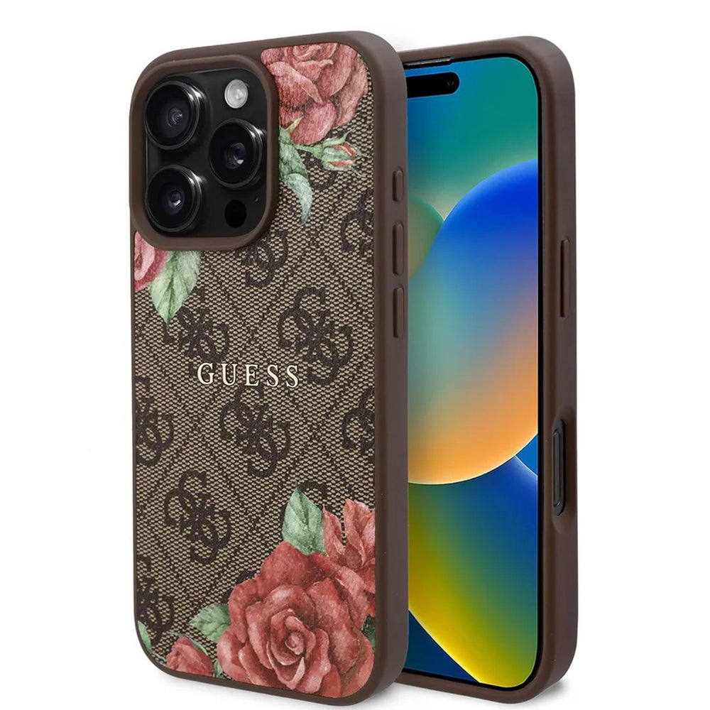Custodia MagSafe per Apple iPhone 16 Pro Max, Guess, 4G Flowers Print, Marrone