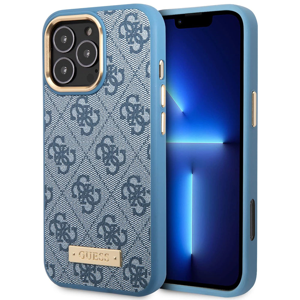 Custodia MagSafe per Apple iPhone 16 Pro Max, Guess, 4G Logo Plate, Blu