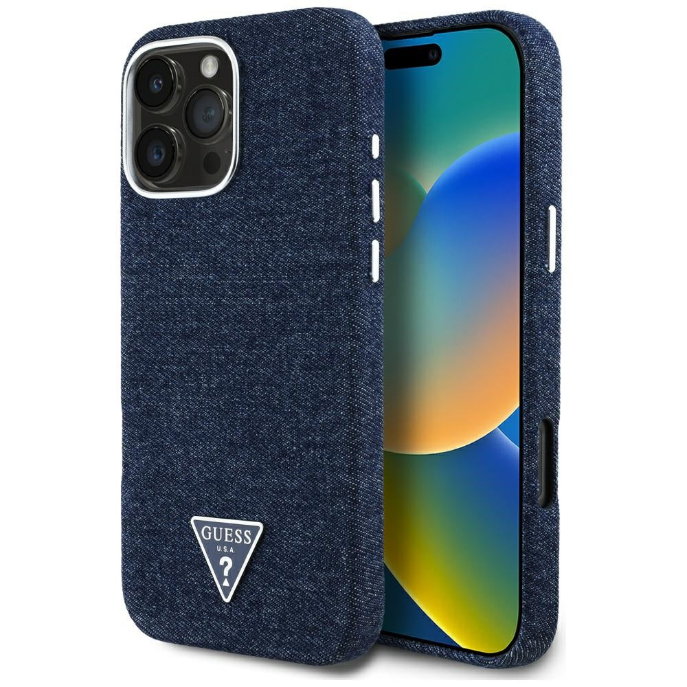 Custodia MagSafe per Apple iPhone 16 Pro Max, Guess, Denim Triangle Logo, Blu