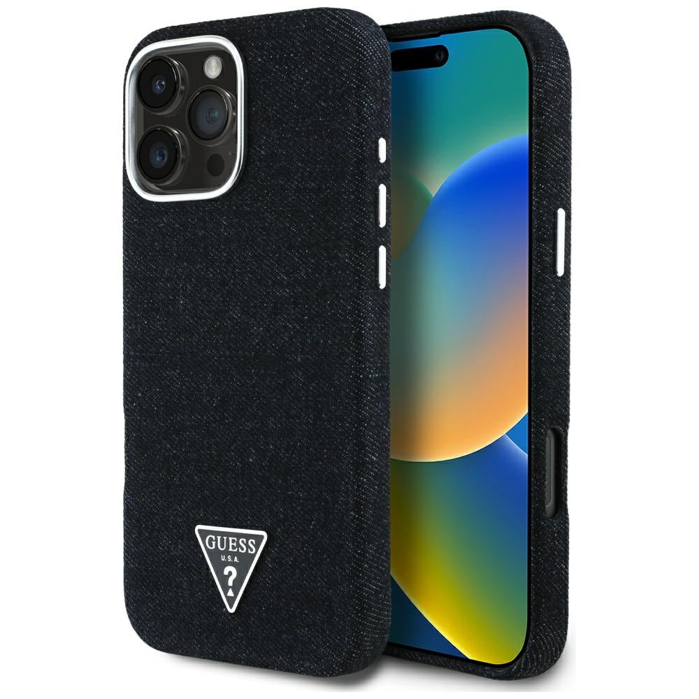 Custodia MagSafe per Apple iPhone 16 Pro Max, Guess, Denim Triangle Logo, Nera